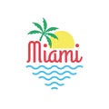 Miami logo. Miami beach banner with palm, sun and sea. T-shirt typography design. Apparel graphic. Vector illustration Royalty Free Stock Photo